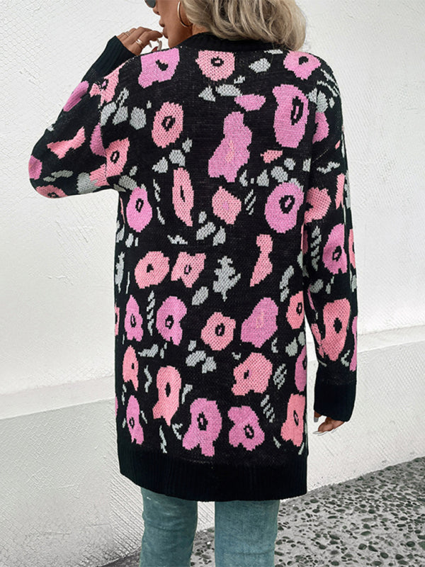 New Women's Long Sleeve Contrast Color Floral Knitted Sweater Cardigan - Closther