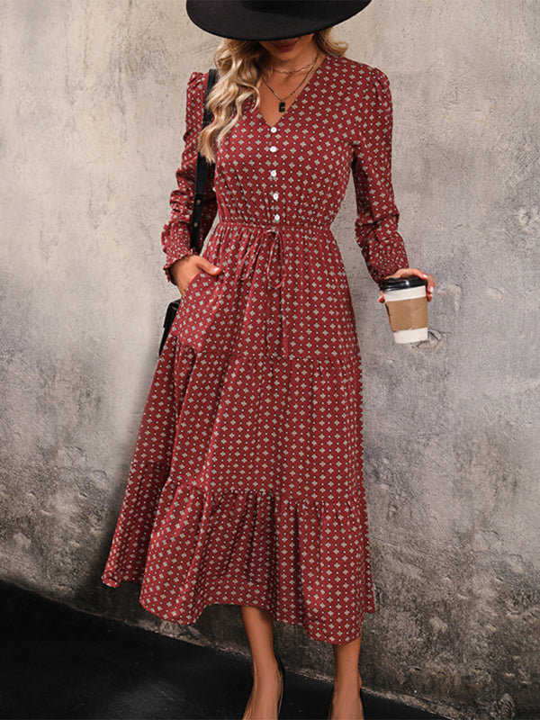 New women's long sleeve printed V-neck waist dress - Closther