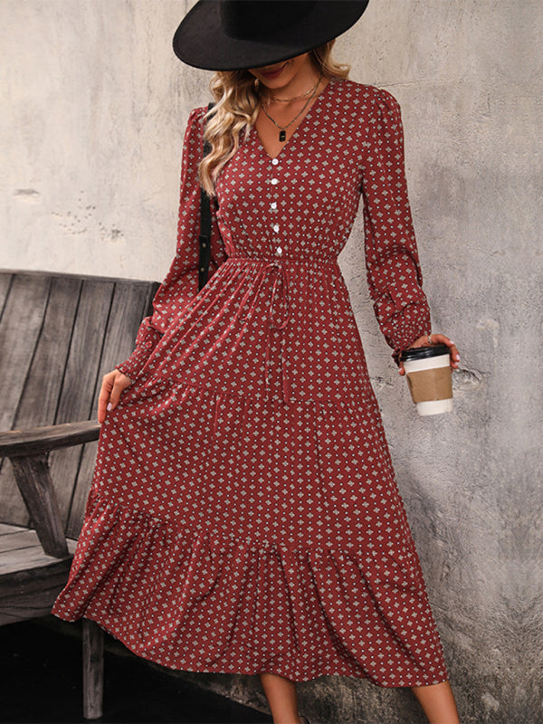 New women's long sleeve printed V-neck waist dress - Closther