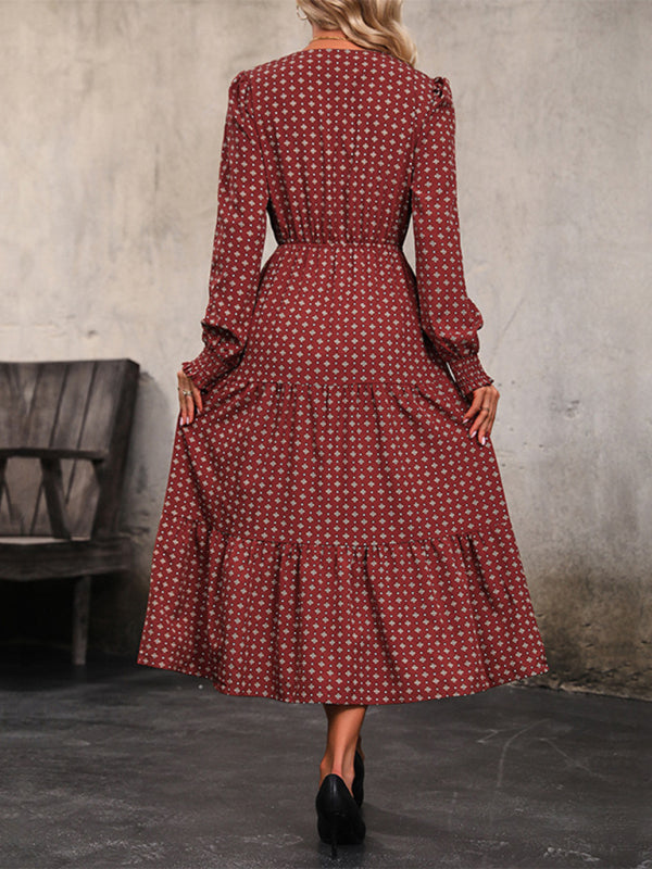 New women's long sleeve printed V-neck waist dress - Closther