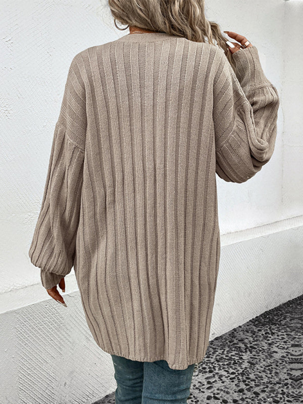 New women's long sleeve solid color cardigan sweater - Closther