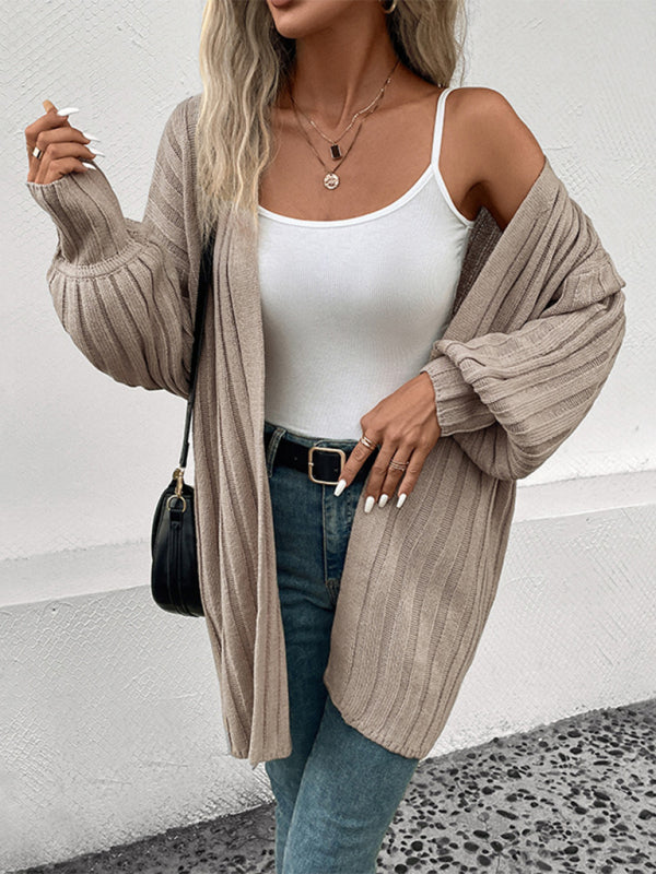 New women's long sleeve solid color cardigan sweater - Closther