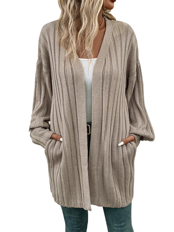New women's long sleeve solid color cardigan sweater - Closther