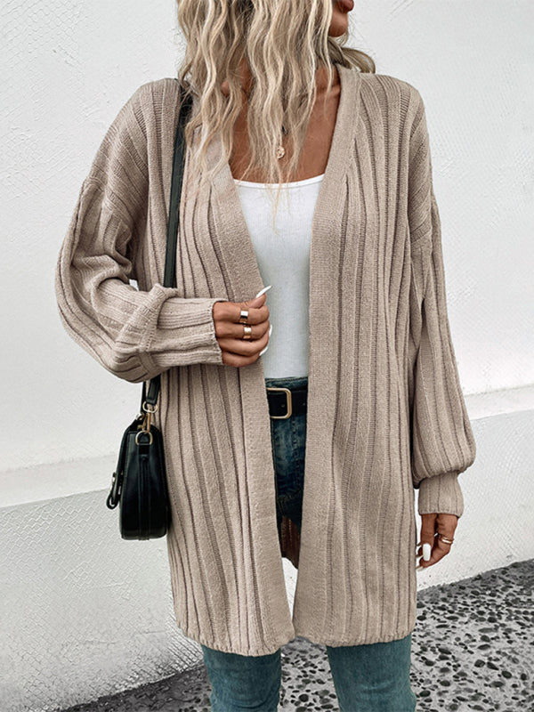 New women's long sleeve solid color cardigan sweater - Closther