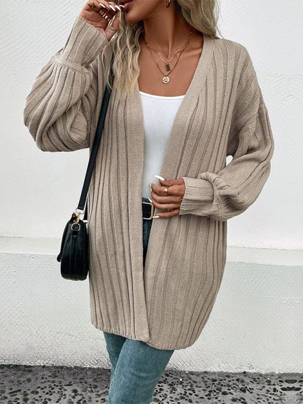 New women's long sleeve solid color cardigan sweater - Closther