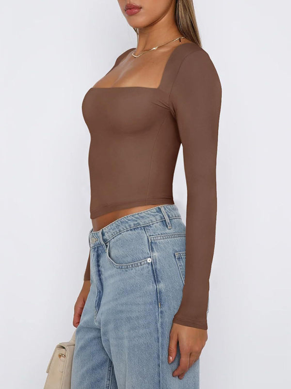 New women’s long-sleeved solid color navel-baring square neck T-shirt top