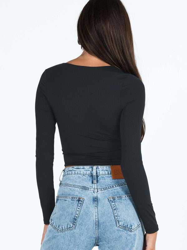 New women’s long-sleeved solid color navel-baring square neck T-shirt top