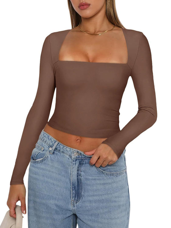 New women’s long-sleeved solid color navel-baring square neck T-shirt top