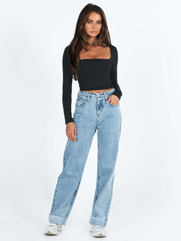 New women’s long-sleeved solid color navel-baring square neck T-shirt top