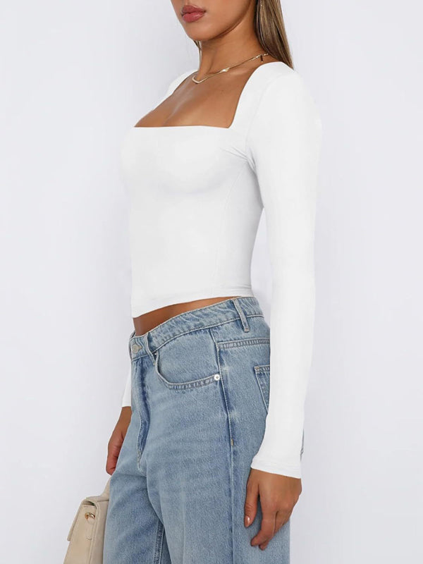New women’s long-sleeved solid color navel-baring square neck T-shirt top
