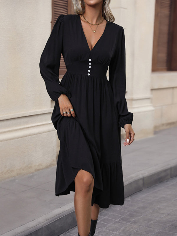 New women's long-sleeved solid color V-neck waist dress - Closther