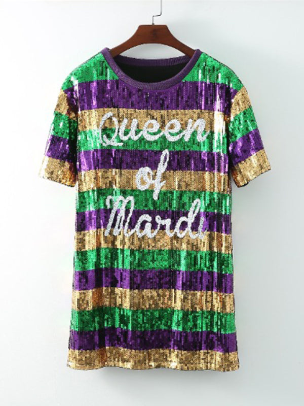 New women’s mid-length striped lettering sequined T-shirt dress - Purple / FREESIZE