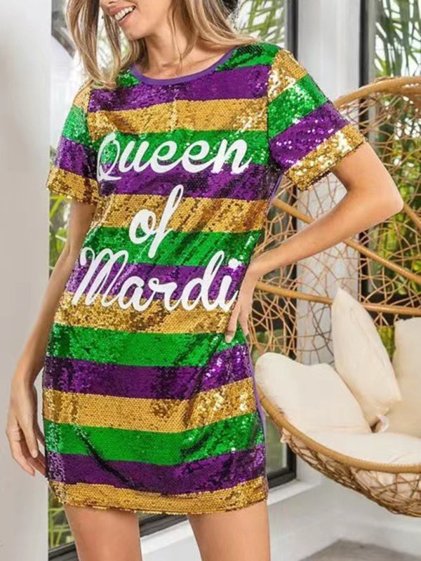 New women’s mid-length striped lettering sequined T-shirt dress - Purple / FREESIZE