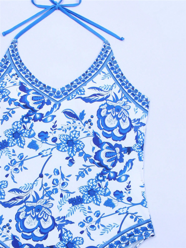 New women’s one-piece blue and white porcelain print slim fit swimsuit