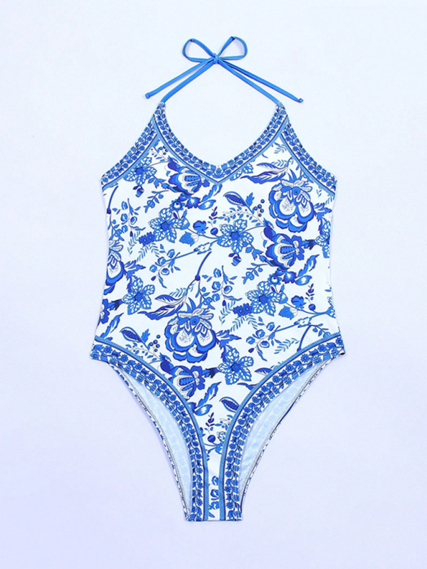 New women’s one-piece blue and white porcelain print slim fit swimsuit