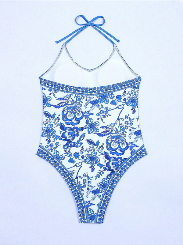 New women’s one-piece blue and white porcelain print slim fit swimsuit