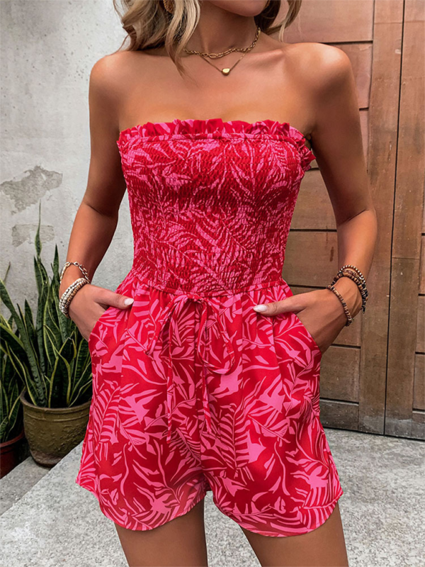 New women’s one-shoulder elastic printed tube top jumpsuit - Red / S