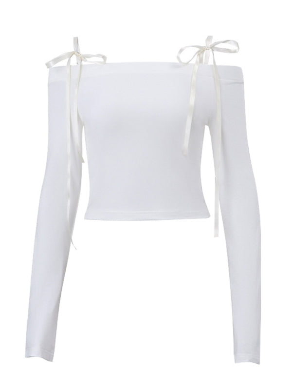 New women’s one-shoulder lace-up sexy navel-baring slim fit versatile long-sleeved top
