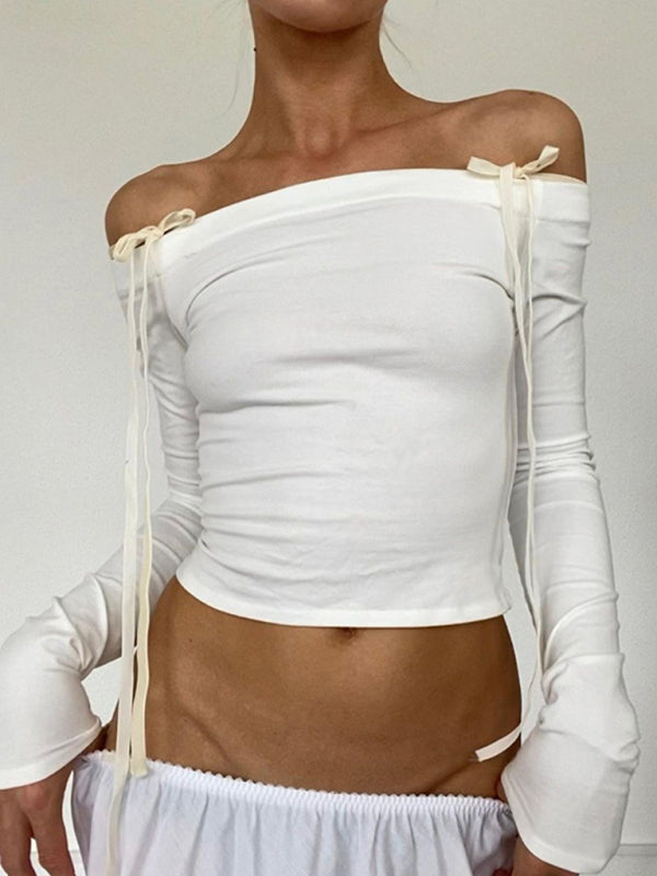 New women’s one-shoulder lace-up sexy navel-baring slim fit versatile long-sleeved top - White / S