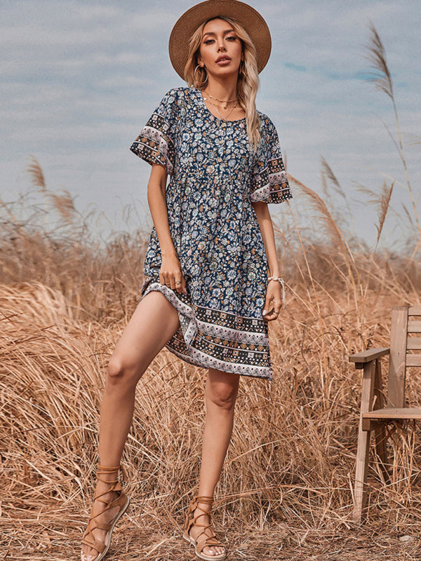 New Women’s Printed Round Neck Short Vintage Dress
