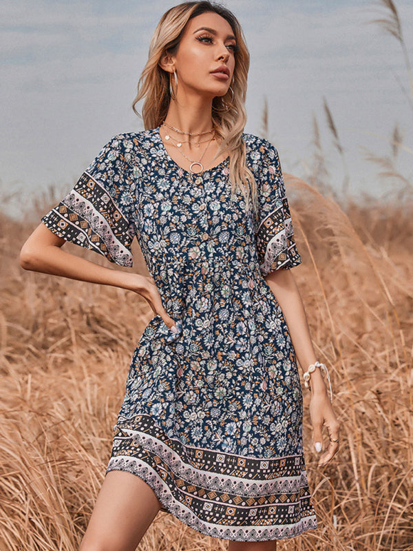 New Women’s Printed Round Neck Short Vintage Dress - Black / S