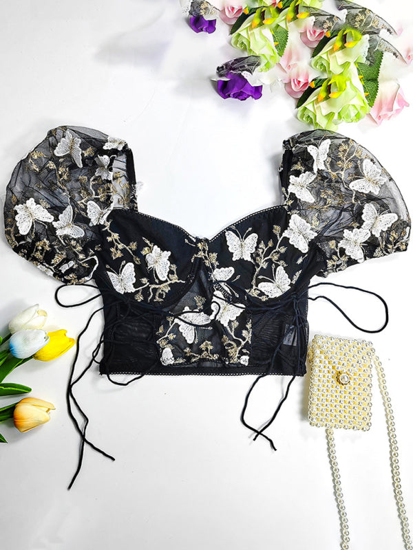 New women’s puff sleeve sexy floral navel cropped top