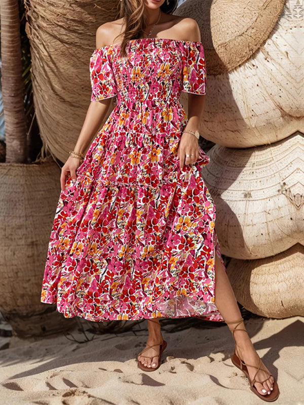 New women’s resort style one-shoulder printed dress - Red / S