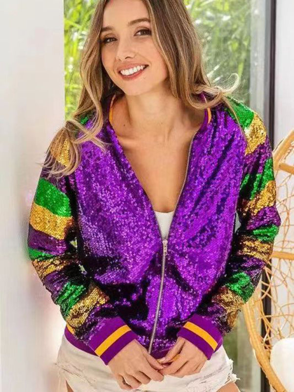 New women’s sequined baseball jacket - Purple / FREESIZE