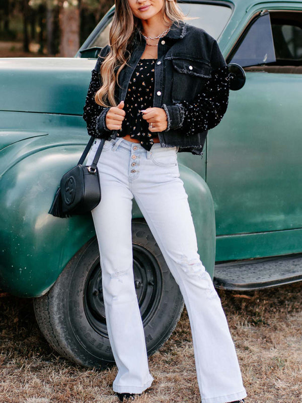 New women’s sequined short denim jacket