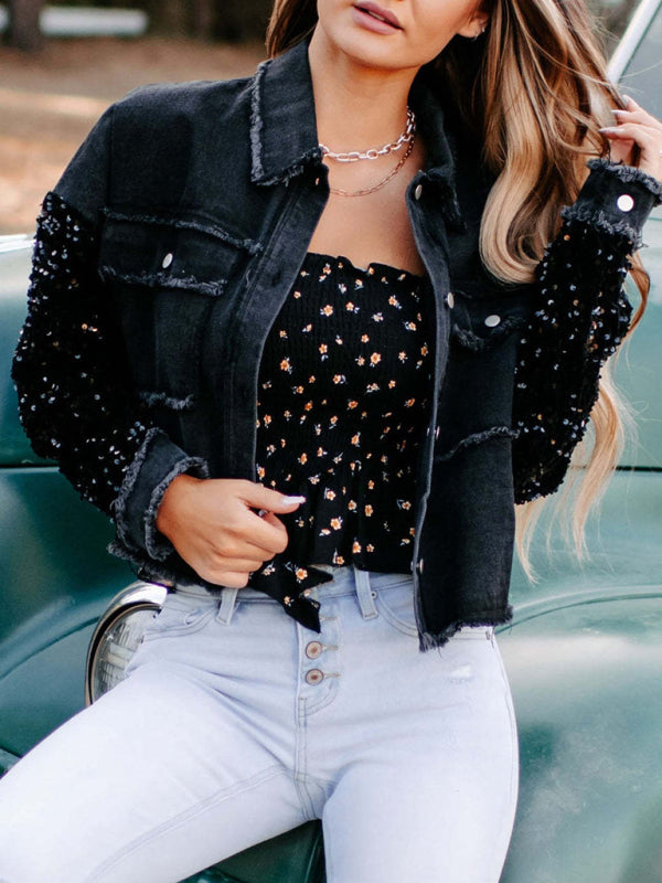 New women’s sequined short denim jacket