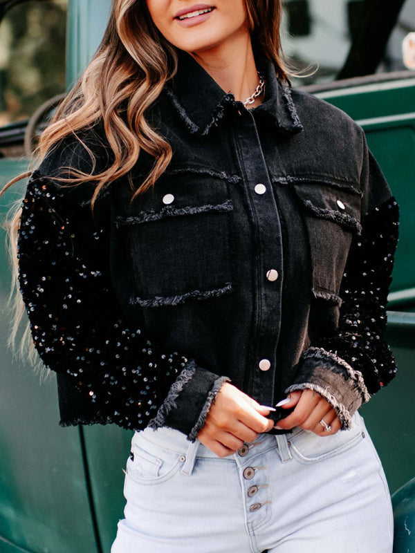 New women’s sequined short denim jacket - Black / S