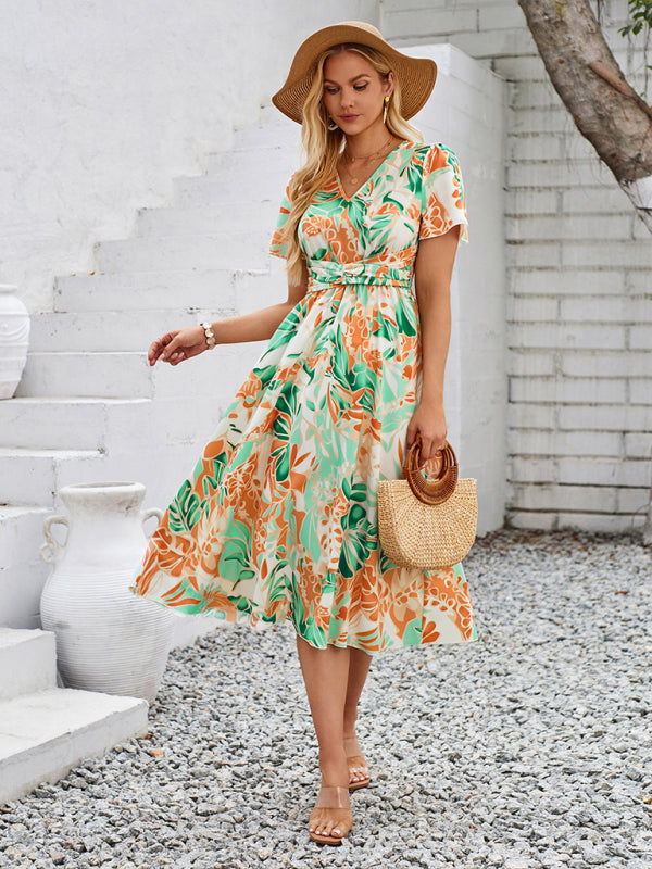 New women’s short sleeve printed V-neck dress
