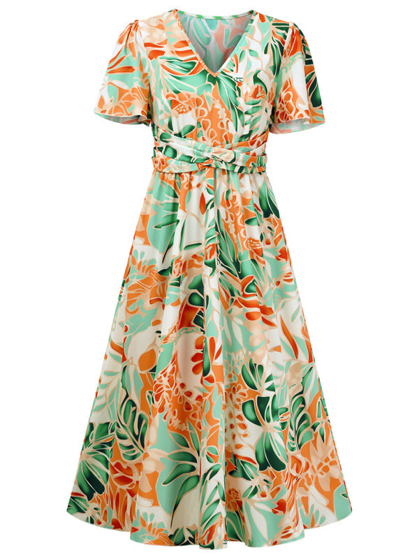 New women’s short sleeve printed V-neck dress