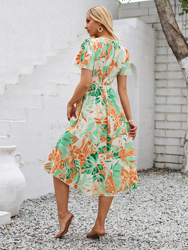 New women’s short sleeve printed V-neck dress