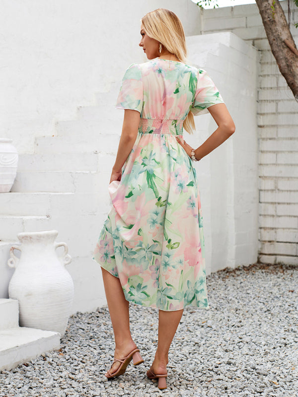 New women’s short sleeve printed V-neck dress