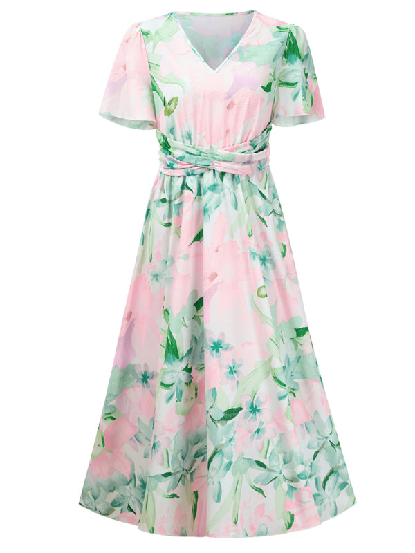 New women’s short sleeve printed V-neck dress