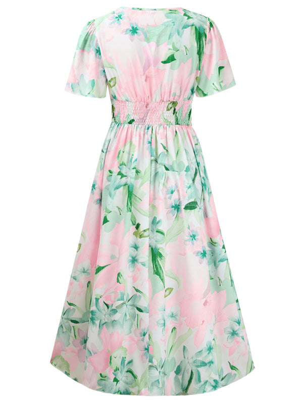 New women’s short sleeve printed V-neck dress