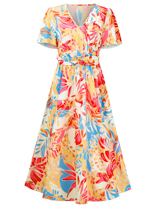 New women’s short sleeve printed V-neck dress