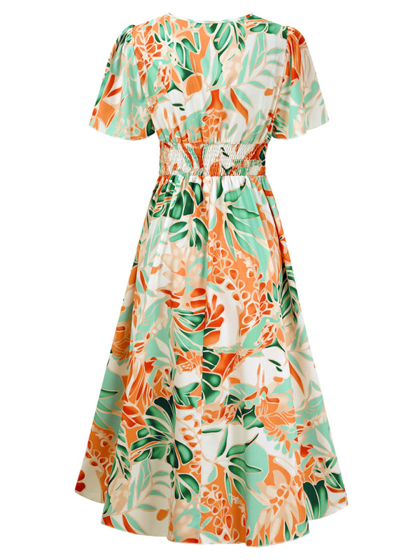 New women’s short sleeve printed V-neck dress