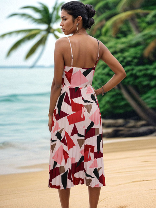 New Women’s Sling Holiday Geometric Print A-Line Midi Dress