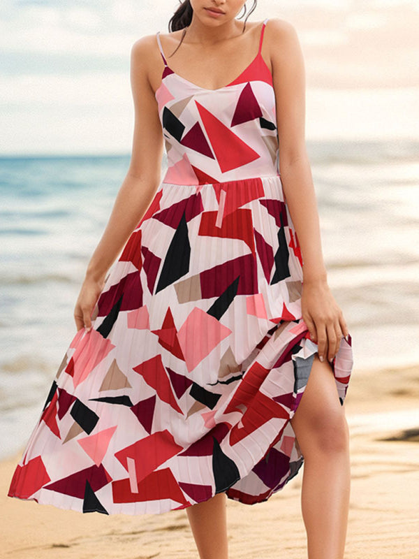 New Women’s Sling Holiday Geometric Print A-Line Midi Dress