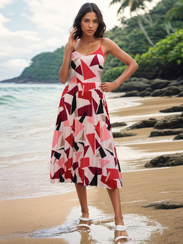 New Women’s Sling Holiday Geometric Print A-Line Midi Dress