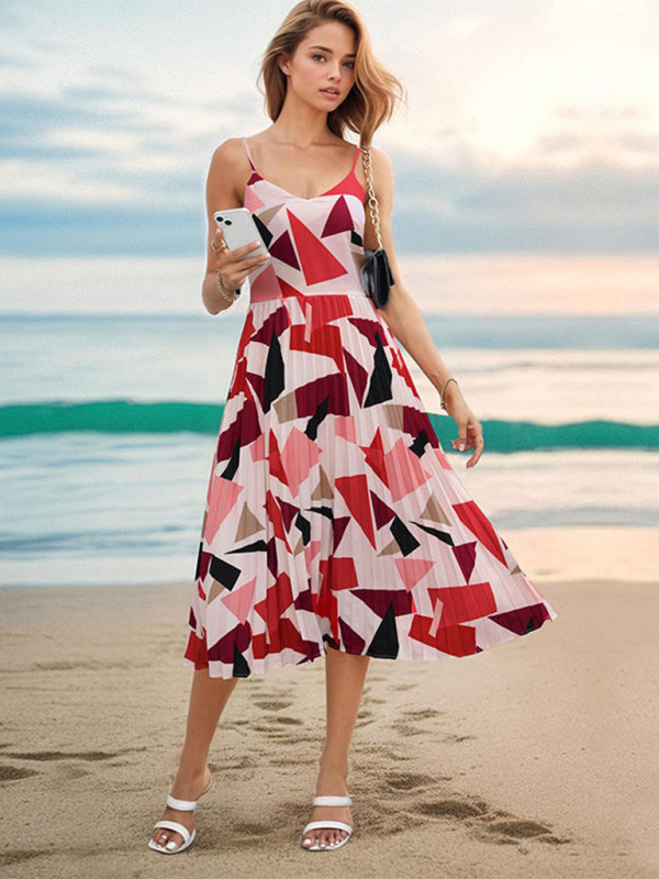 New Women’s Sling Holiday Geometric Print A-Line Midi Dress - Red / S