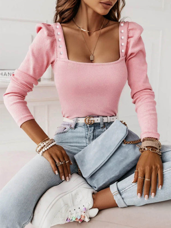 New women’s solid color beaded long-sleeved pit strip top