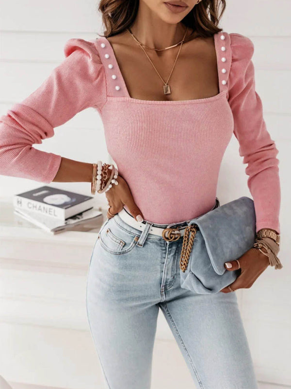 New women’s solid color beaded long-sleeved pit strip top - Pink / S