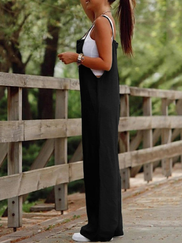 New women’s solid color suspender jumpsuit wide leg pants