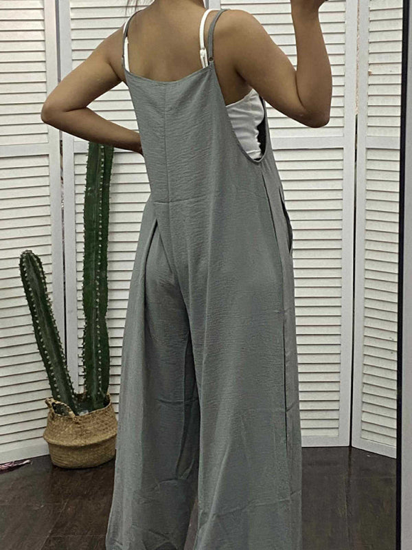 New women’s solid color suspender jumpsuit wide leg pants