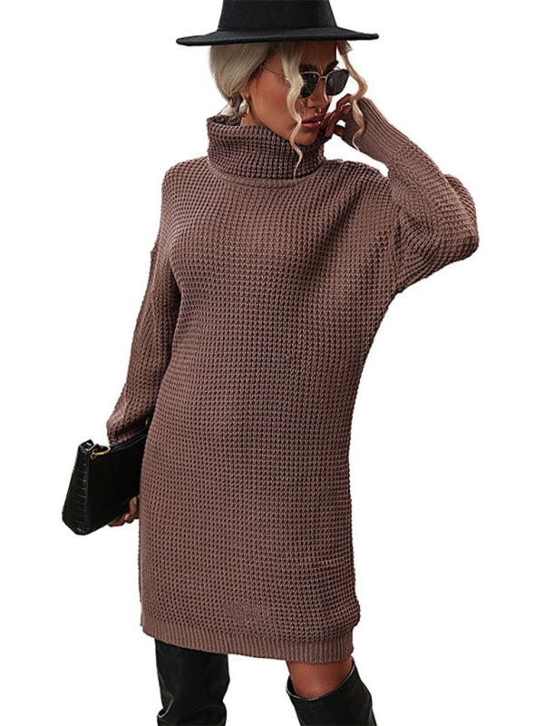 New women's solid color turtleneck sweater dress - Closther