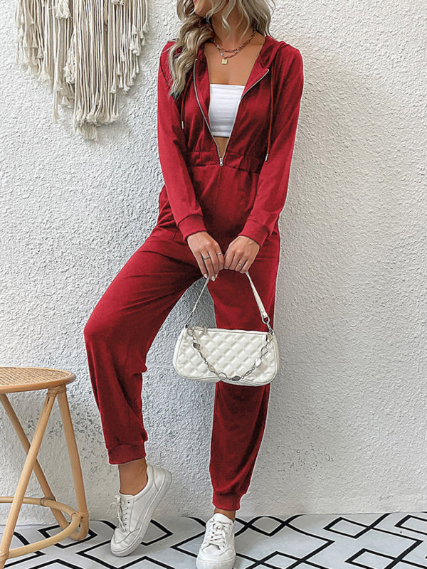 New women’s solid color workwear casual jumpsuit - Red / S