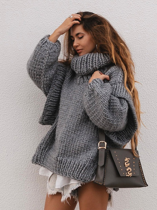 New women’s sweater pullover fluffy long sleeve turtleneck sweater - Grey / S